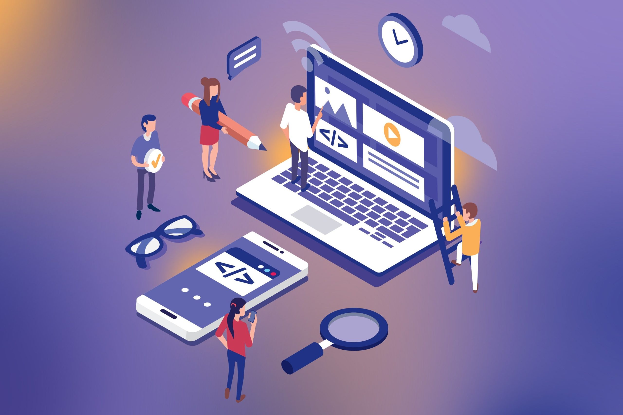 Illustration of people writing, and working online